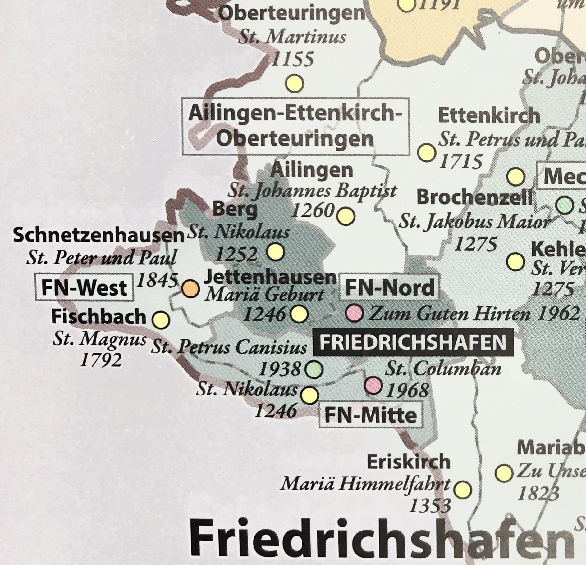 Ein Ausschnitt aus der Diözesankarte mit dem Jahr der Gründung der
